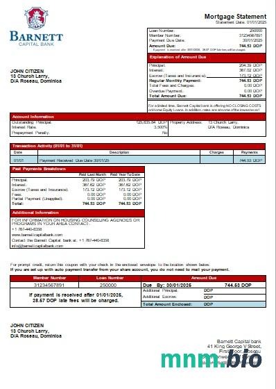 Dominika Bank Barnett Capital wyciąg z kredytu hipotecznego szablon Word i PDF